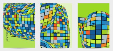 Kare piksel mozaik şekli bozulmuş. Düz retro renklerin üzerine siyah tel çerçeve. Soyut hava balonu vektör arkaplanı.