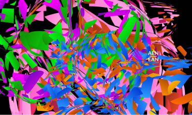 Parlak renkli küçük parçacık patlaması içeren soyut iniş sayfası şablonu. Spor müziği sosyal medya düzeni. Dış uzay hareketli optik sanat dinamik arka planı. Gelecekçi vektör.