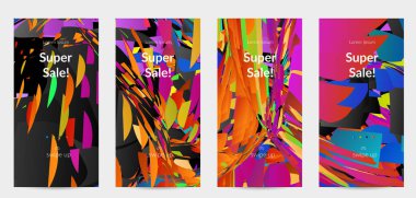 Parlak renkli küçük parçacık patlaması ile soyut sosyal medya şablonu. Spor müziği sosyal medya düzeni. Dış uzay hareketli optik sanat dinamik arka planı. Gelecekçi vektör.