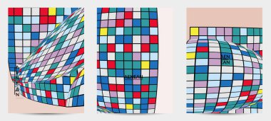 Kare piksel mozaik şekli bozulmuş. Düz retro renklerin üzerine siyah tel çerçeve. Soyut hava balonu vektör arkaplanı.