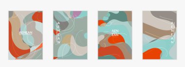 Soyut vektör davetiye şablonu, dalgalı geometrik soyut şekilli sanat terrazzo deseni ve yeryüzündeki doğal organik renkte çizgiler. Siasonal satış için minimum modern tasarım..