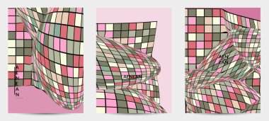 Kare piksel mozaik şekli bozulmuş. Düz retro renklerin üzerine siyah tel çerçeve. Soyut hava balonu vektör arkaplanı.