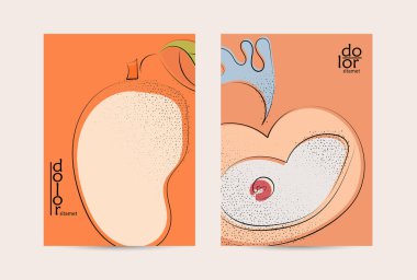 El çizimi meyve grunge desenli soyut vektör şablonu. Düz renkli gıda konsepti çizimi. Sağlıklı beslenme broşürü. Çizgi sanat meyvesi logosu tasarımı. Kavisli dalgalı çizgiler.