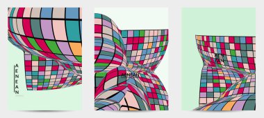 Kare piksel mozaik şekli bozulmuş. Düz retro renklerin üzerine siyah tel çerçeve. Soyut hava balonu vektör arkaplanı.