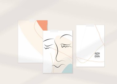 Modern kart seti şablonunda soyut otantik portre. Bir çizgi sürekli çizilmiş karalama vektör çizimi. Modern Kübizm Sanatı tarzında çağdaş kompozisyon. Gölge örtüsüyle ayarlayın.