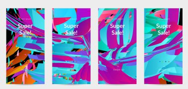 Parlak renkli küçük parçacık patlaması ile soyut sosyal medya şablonu. Spor müziği sosyal medya düzeni. Dış uzay hareketli optik sanat dinamik arka planı. Gelecekçi vektör.