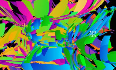 Parlak renkli küçük parçacık patlaması içeren soyut iniş sayfası şablonu. Spor müziği sosyal medya düzeni. Dış uzay hareketli optik sanat dinamik arka planı. Gelecekçi vektör.