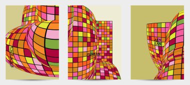 Kare piksel mozaik şekli bozulmuş. Düz retro renklerin üzerine siyah tel çerçeve. Soyut hava balonu vektör arkaplanı.