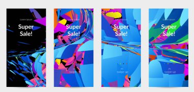 Parlak renkli küçük parçacık patlaması ile soyut sosyal medya şablonu. Spor müziği sosyal medya düzeni. Dış uzay hareketli optik sanat dinamik arka planı. Gelecekçi vektör.