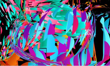 Parlak renkli küçük parçacık patlaması içeren soyut iniş sayfası şablonu. Spor müziği sosyal medya düzeni. Dış uzay hareketli optik sanat dinamik arka planı. Gelecekçi vektör.