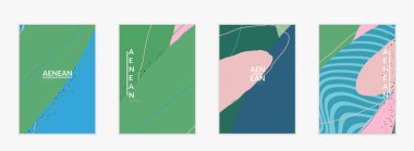 Minimum soyut vektör kaplama şablonu. Organik grunge, üst üste binen dalgalı şekiller ve çizgiler. El yazısıyla çizilmiş pastel renkli arka plan. Çizgili noktalı yaprak formları. Çağdaş tasarım.