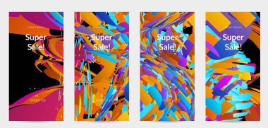 Parlak renkli küçük parçacık patlaması ile soyut sosyal medya şablonu. Spor müziği sosyal medya düzeni. Dış uzay hareketli optik sanat dinamik arka planı. Gelecekçi vektör.