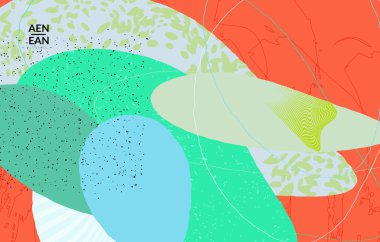 Retro hipster sanat baskısı ya da poster tasarımı. Dalgalı karışık şekiller. Üst üste çizilmiş el dokusu. Çizgiler, noktalar ve karalamalar egzotik tropikal arka plan yaratır. Doğal organik renkler.