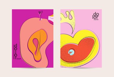 El çizimi meyve grunge desenli soyut vektör şablonu. Düz renkli gıda konsepti çizimi. Sağlıklı beslenme broşürü. Çizgi sanat meyvesi logosu tasarımı. Kavisli dalgalı çizgiler.