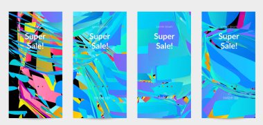 Parlak renkli küçük parçacık patlaması ile soyut sosyal medya şablonu. Spor müziği sosyal medya düzeni. Dış uzay hareketli optik sanat dinamik arka planı. Gelecekçi vektör.