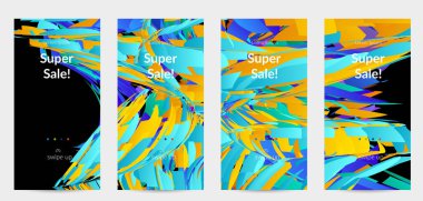 Parlak renkli küçük parçacık patlaması ile soyut sosyal medya şablonu. Spor müziği sosyal medya düzeni. Dış uzay hareketli optik sanat dinamik arka planı. Gelecekçi vektör.