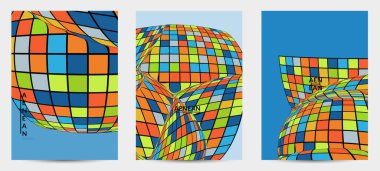 Kare piksel mozaik şekli bozulmuş. Düz retro renklerin üzerine siyah tel çerçeve. Soyut hava balonu vektör arkaplanı.