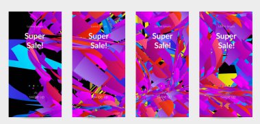 Parlak renkli küçük parçacık patlaması ile soyut sosyal medya şablonu. Spor müziği sosyal medya düzeni. Dış uzay hareketli optik sanat dinamik arka planı. Gelecekçi vektör.