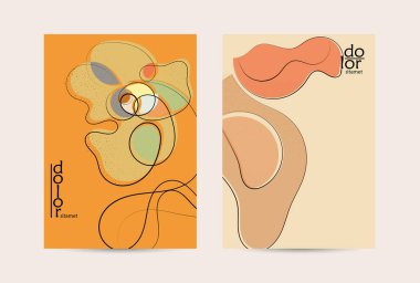 El çizimi meyve grunge desenli soyut vektör şablonu. Düz renkli gıda konsepti çizimi. Sağlıklı beslenme broşürü. Çizgi sanat meyvesi logosu tasarımı. Kavisli dalgalı çizgiler.