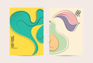 El çizimi meyve grunge desenli soyut vektör şablonu. Düz renkli gıda konsepti çizimi. Sağlıklı beslenme broşürü. Çizgi sanat meyvesi logosu tasarımı. Kavisli dalgalı çizgiler.