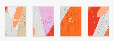 Minimum soyut vektör kaplama şablonu. Organik grunge, üst üste binen dalgalı şekiller ve çizgiler. El yazısıyla çizilmiş pastel renkli arka plan. Çizgili noktalı yaprak formları. Çağdaş tasarım.