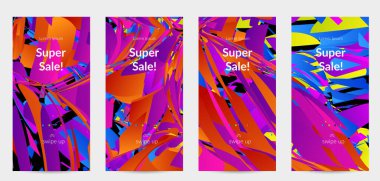 Parlak renkli küçük parçacık patlaması ile soyut sosyal medya şablonu. Spor müziği sosyal medya düzeni. Dış uzay hareketli optik sanat dinamik arka planı. Gelecekçi vektör.