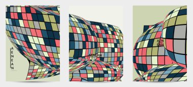 Kare piksel mozaik şekli bozulmuş. Düz retro renklerin üzerine siyah tel çerçeve. Soyut hava balonu vektör arkaplanı.