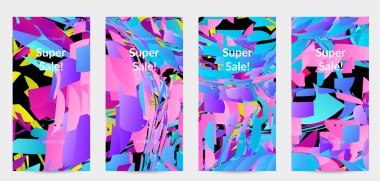 Parlak renkli küçük parçacık patlaması ile soyut sosyal medya şablonu. Spor müziği sosyal medya düzeni. Dış uzay hareketli optik sanat dinamik arka planı. Gelecekçi vektör.