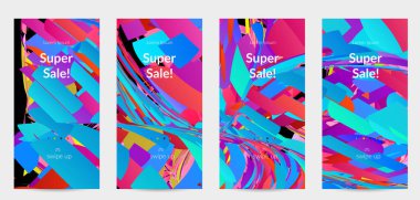 Parlak renkli küçük parçacık patlaması ile soyut sosyal medya şablonu. Spor müziği sosyal medya düzeni. Dış uzay hareketli optik sanat dinamik arka planı. Gelecekçi vektör.