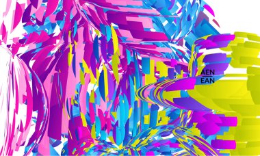 Parlak renkli küçük parçacık patlaması içeren soyut iniş sayfası şablonu. Spor müziği sosyal medya düzeni. Dış uzay hareketli optik sanat dinamik arka planı. Gelecekçi vektör.