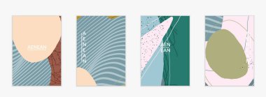 Minimum soyut vektör kaplama şablonu. Organik grunge, üst üste binen dalgalı şekiller ve çizgiler. El yazısıyla çizilmiş pastel renkli arka plan. Çizgili noktalı yaprak formları. Çağdaş tasarım.