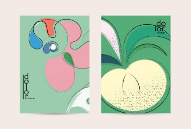 El çizimi meyve grunge desenli soyut vektör şablonu. Düz renkli gıda konsepti çizimi. Sağlıklı beslenme broşürü. Çizgi sanat meyvesi logosu tasarımı. Kavisli dalgalı çizgiler.