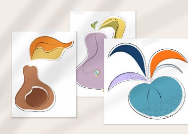 Gölge kaplamalı soyut el çizimi vektör çizimi poster. Çizgi sanatsal çizim ve doku. Retro düz renkler organik doğal tasarım. Organik sağlıklı vejetaryen karalaması..