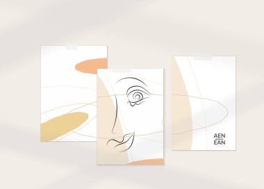 Modern kart seti şablonunda soyut otantik portre. Bir çizgi sürekli çizilmiş karalama vektör çizimi. Modern Kübizm Sanatı tarzında çağdaş kompozisyon. Gölge örtüsüyle ayarlayın.