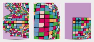 Kare piksel mozaik şekli bozulmuş. Düz retro renklerin üzerine siyah tel çerçeve. Soyut hava balonu vektör arkaplanı.