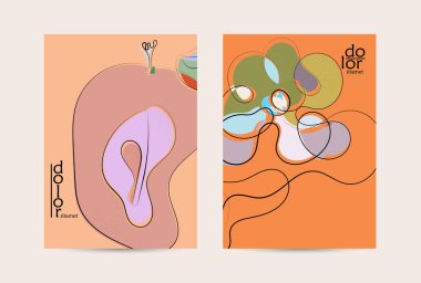 Vektör uçucu şablonu. Soyut el şafağı meyve posteri. Grange desenli düz tasarım. Organik doğal gıda sanatsal illüstrasyonu. Düzgün kıvrımlı çizgi çizgi çizgi çizgi çizgi logosu.