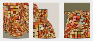 Kare piksel mozaik şekli bozulmuş. Düz retro renklerin üzerine siyah tel çerçeve. Soyut hava balonu vektör arkaplanı.