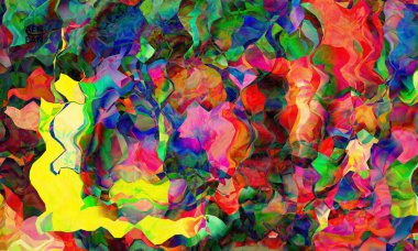 Soyut dijital çerçeve sanatsal vektör dokusu. Üst üste binen çok renkli dalgalı desenli filtreli şekiller. Canlı ışık efektleri, vitray camlar ya da kübizm sanat resimleri. Kitap kapağı şablonu.