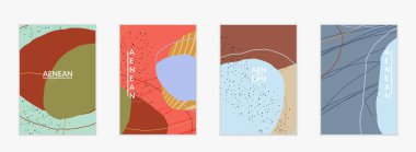 Minimum soyut vektör kaplama şablonu. Organik grunge, üst üste binen dalgalı şekiller ve çizgiler. El yazısıyla çizilmiş pastel renkli arka plan. Çizgili noktalı yaprak formları. Çağdaş tasarım.