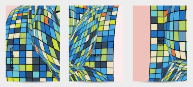 Kare piksel mozaik şekli bozulmuş. Düz retro renklerin üzerine siyah tel çerçeve. Soyut hava balonu vektör arkaplanı.