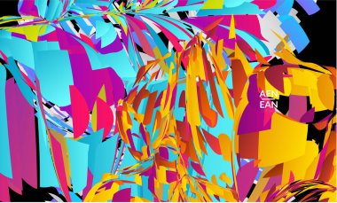 Parlak renkli küçük parçacık patlaması içeren soyut iniş sayfası şablonu. Spor müziği sosyal medya düzeni. Dış uzay hareketli optik sanat dinamik arka planı. Gelecekçi vektör.