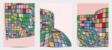 Kare piksel mozaik şekli bozulmuş. Düz retro renklerin üzerine siyah tel çerçeve. Soyut hava balonu vektör arkaplanı.