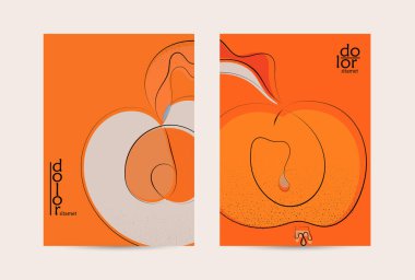 Vektör uçucu şablonu. Soyut el şafağı meyve posteri. Grange desenli düz tasarım. Organik doğal gıda sanatsal illüstrasyonu. Düzgün kıvrımlı çizgi çizgi çizgi çizgi çizgi logosu.