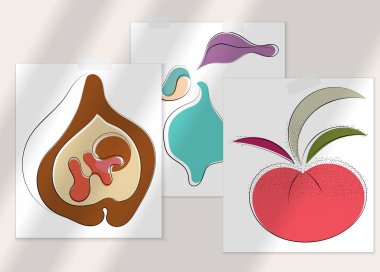 Gölge kaplamalı soyut el çizimi vektör çizimi poster. Çizgi sanatsal çizim ve doku. Retro düz renkler organik doğal tasarım. Organik sağlıklı vejetaryen karalaması..