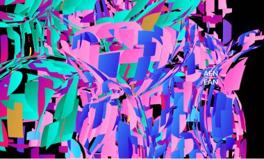 Parlak renkli küçük parçacık patlaması içeren soyut iniş sayfası şablonu. Spor müziği sosyal medya düzeni. Dış uzay hareketli optik sanat dinamik arka planı. Gelecekçi vektör.