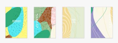 Karmaşık şekilli vektör kapağı şablonu veya elle çizilmiş cıvatalar. Çizgili dalgalı şekiller ve çizgi tasarımları. Düz tarzda soyut hipster arkaplan. Modern sanat modelleri.