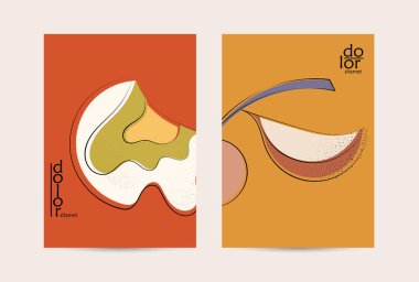 Retro düz renkli organik gıda broşürü. El çizimi meyve çizgisi logosu tasarımı. Yumuşak kıvrımlı grange desenli bitkisel çizgi çizgi. Sağlıklı beslenme broşürü düzeni.