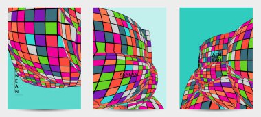 Kare piksel mozaik şekli bozulmuş. Düz retro renklerin üzerine siyah tel çerçeve. Soyut hava balonu vektör arkaplanı.