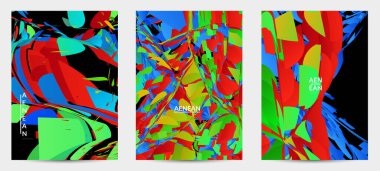 Parlak renkli küçük parçacık patlaması olan soyut uçucu şablonu. Spor müziği sosyal medya düzeni. Dış uzay hareketli optik sanat dinamik arka planı. Gelecekçi vektör.