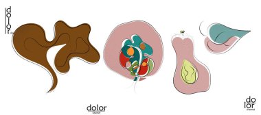 Soyut el çizimi vektör sanatsal logo seti beyaza izole edildi. Çizgi sanatsal çizim ve doku. Retro düz renkler organik doğal Eko gıda tasarımı. Organik sağlıklı vejetaryen karalaması..